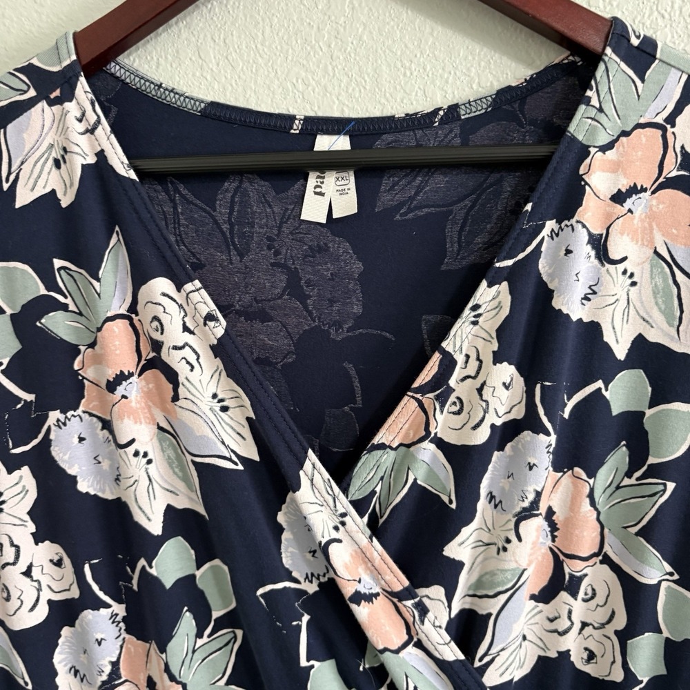Pact Organic Cotton Floral Faux Wrap Dress XXL Navy Pink Short Sleeve Stretch - Picture 3 of 14